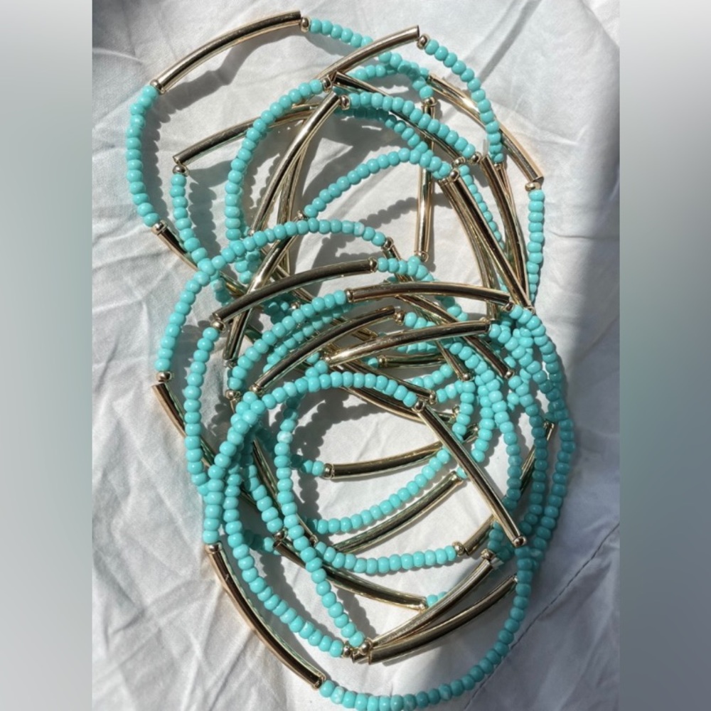 Turquoise Gold Bar Beaded Bracelet (Set Of 3)